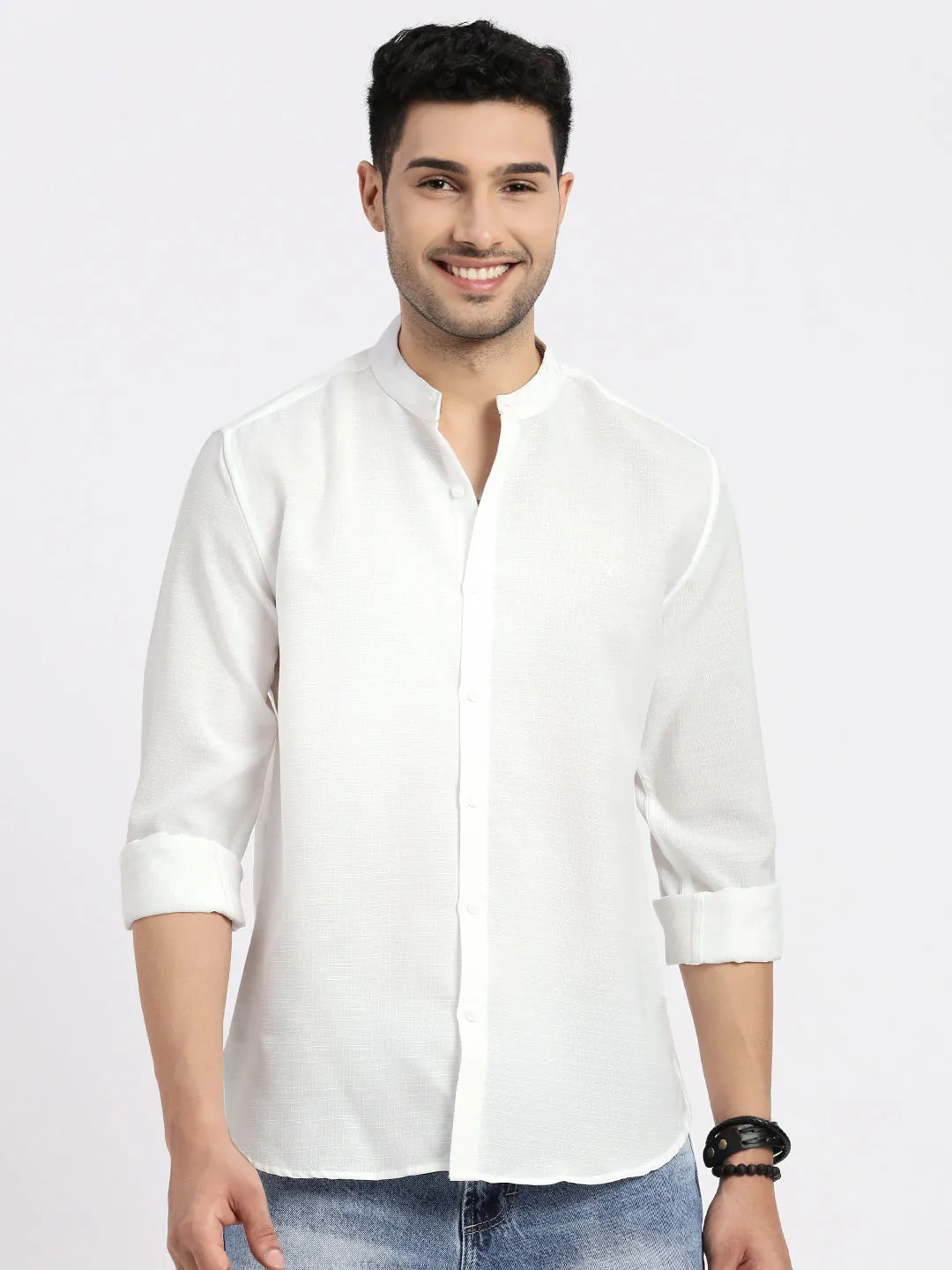 Men's White Standard Mandarin Collar Solid Cotton Slim Fit Casual Shirt ThermalInsulated