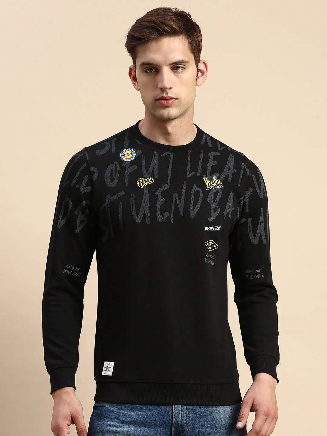 Men's Black Typography Printed Cotton Sweatshirt Chilly Day Outfit