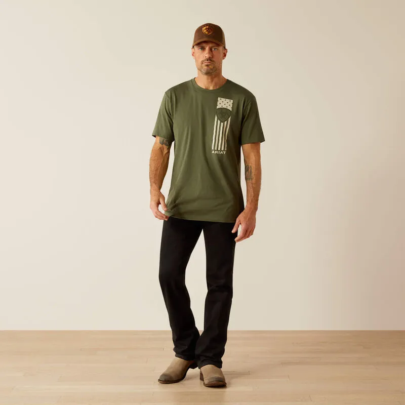 SoftTouchFinish Ariat Men's Patriot Stripe Logo Graphic T-Shirt in Surplus Green