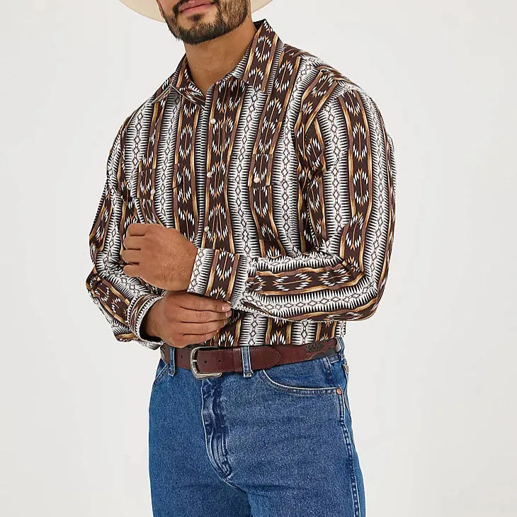 Wrangler Men's Checotah L/S Western Snap Shirt in Brown Chain Easy Wear Flexible Weave