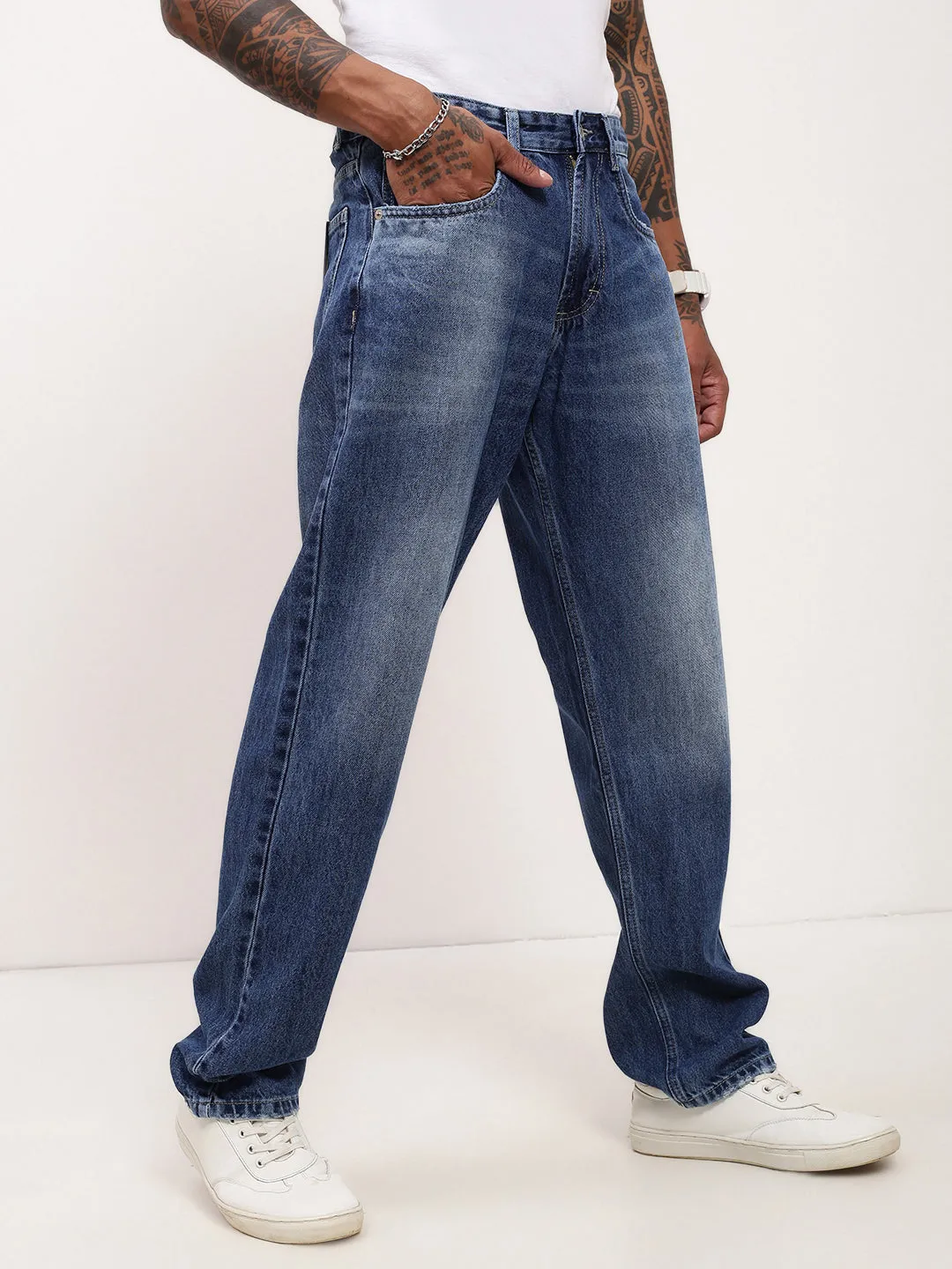 Men's Blue Solid Baggy Jeans Modern Silhouette