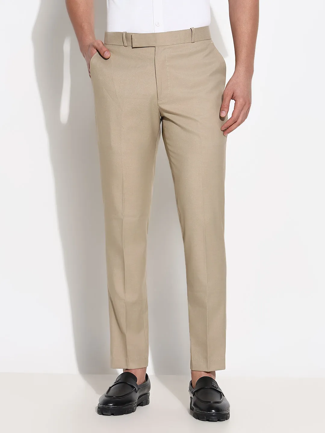 High Durability Stitching Snug Fit Men's Beige Solid Formal Trousers