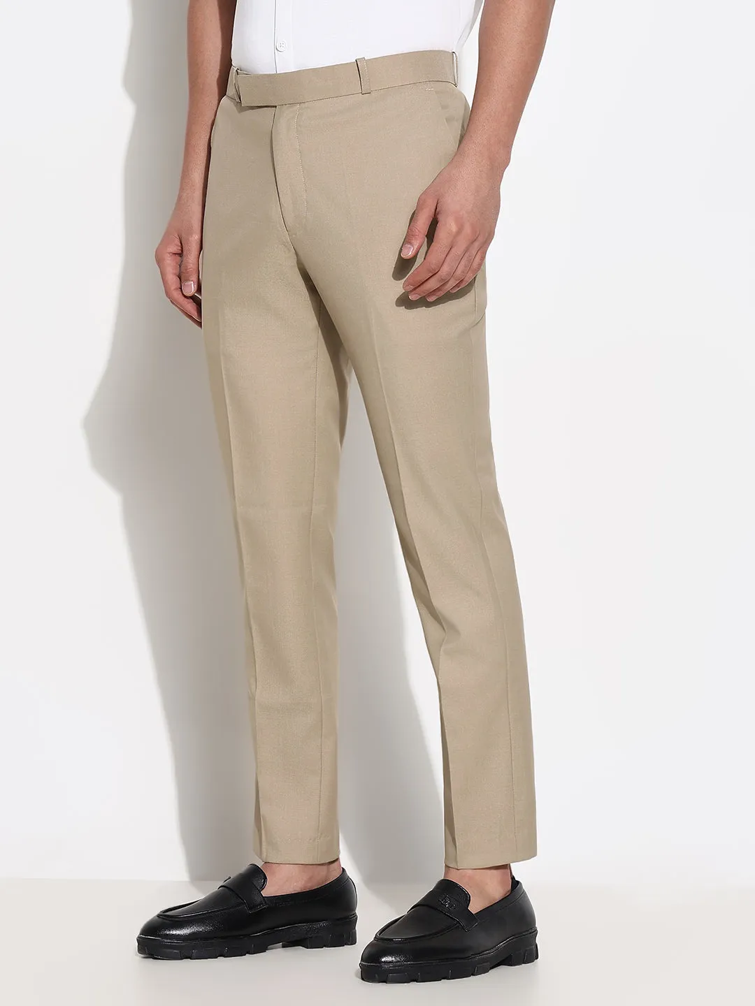Easy Access Men's Beige Solid Formal Trousers