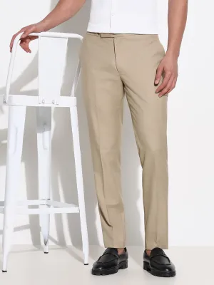 Men's Beige Solid Formal Trousers Durable Comfort Seamless Technology