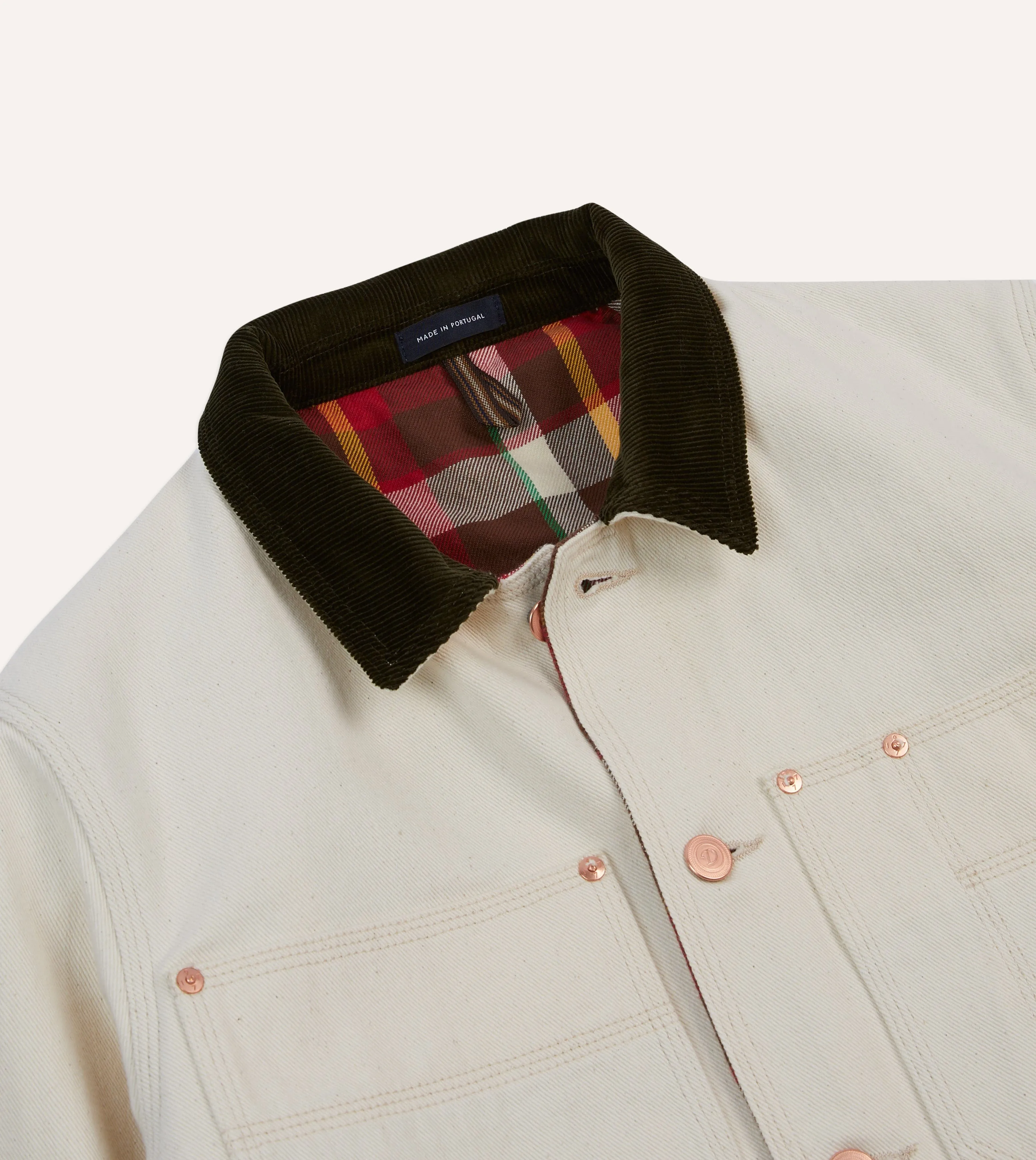 Ecru Denim Welder Jacket RubberizedButtonClosures