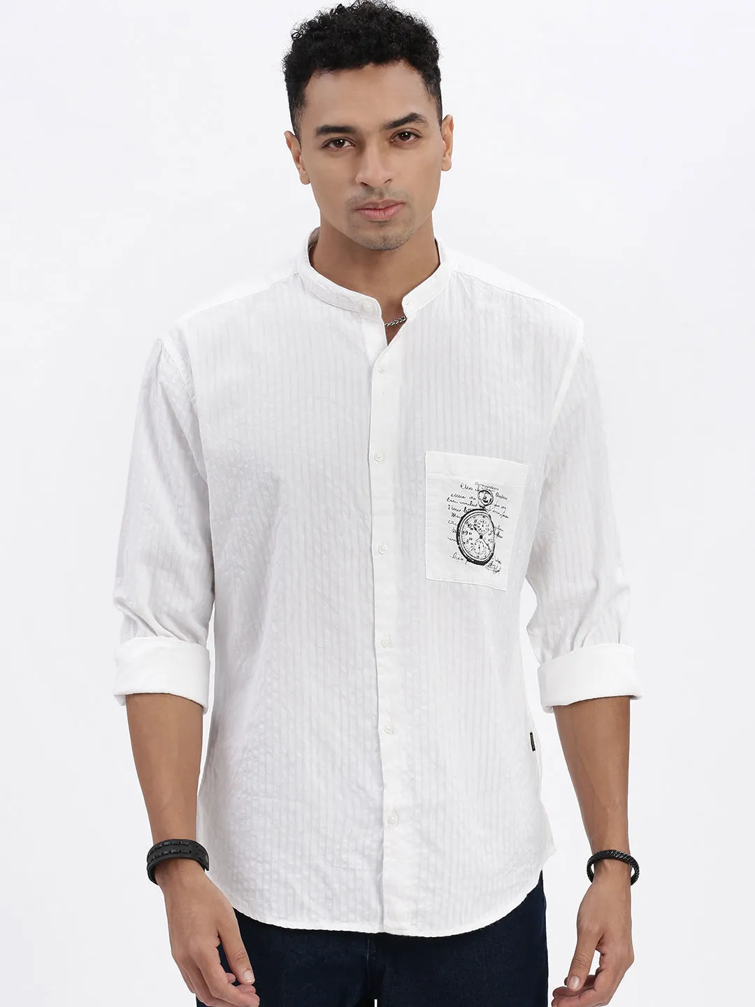 Men's White Premium Band Collar Solid Cotton Slim Fit Casual Shirt Moon Beam