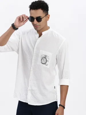 Men's White Premium Band Collar Solid Cotton Slim Fit Casual Shirt LightweightInsulation AntiOdor Fabric