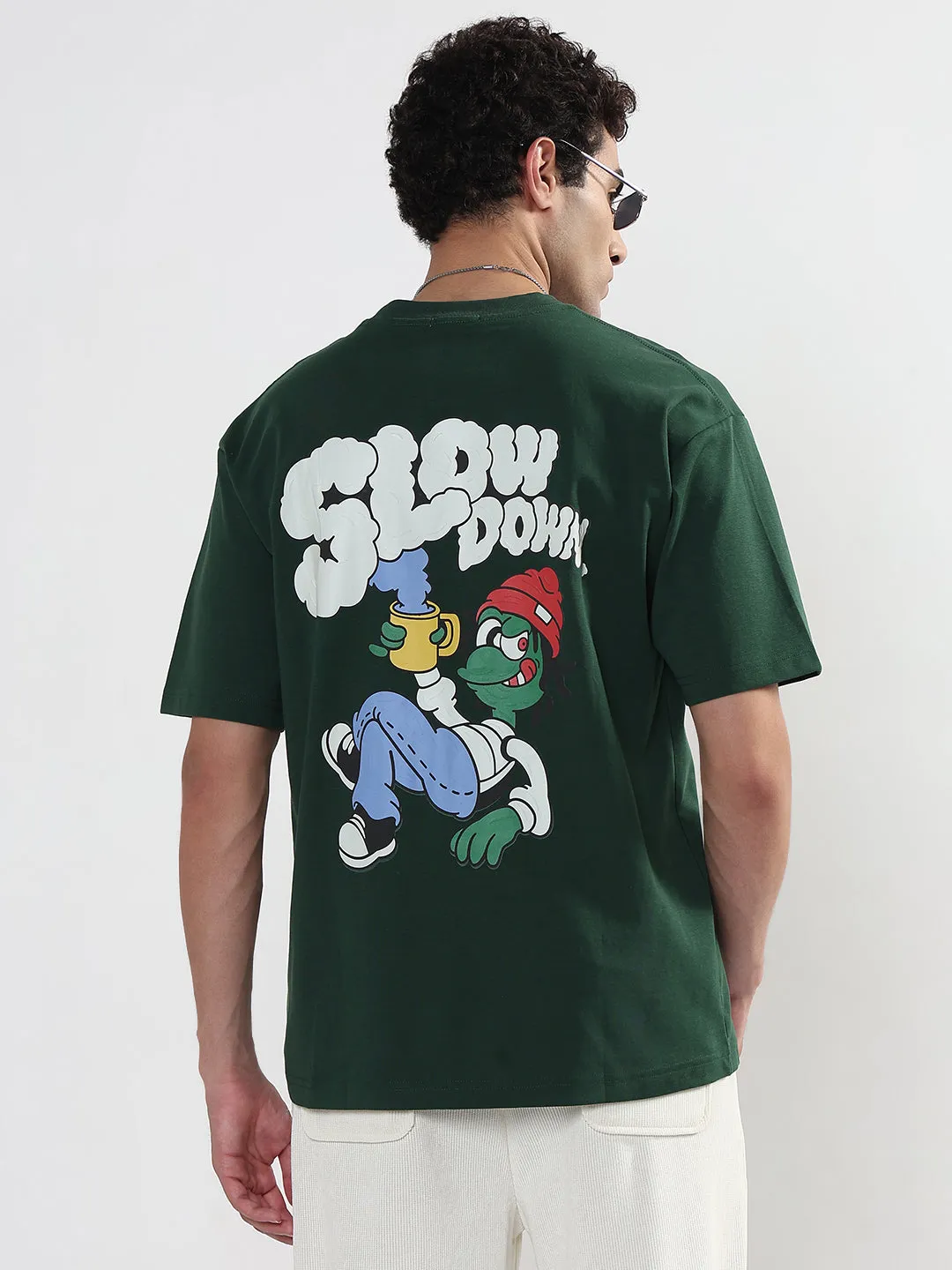 Men's Printed Green Regular Fit T-Shirt Weekend Wear Moon Cool