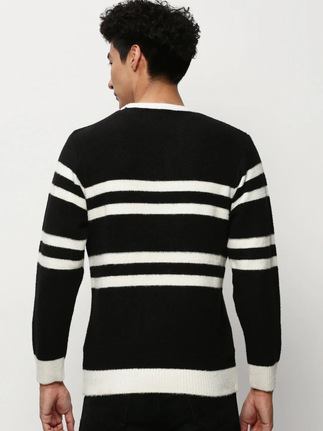 Quiet Style Off Duty Look Men's Black Striped Acrylic Pullover