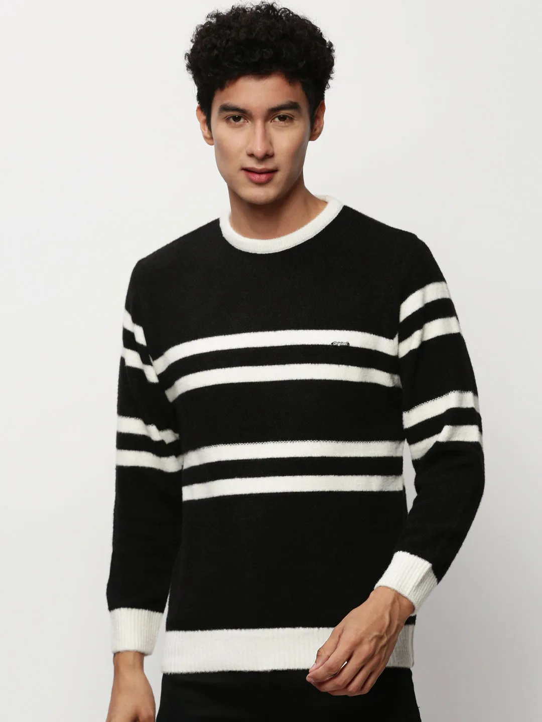 Men's Black Striped Acrylic Pullover Chilly Days Flexible Waistband