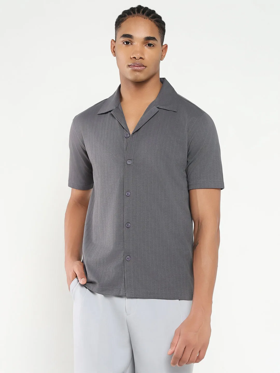 Urban Pulse DoubleStitchReinforcement Men's Grey Cuban Collar Solid Relaxed Fit Shirt