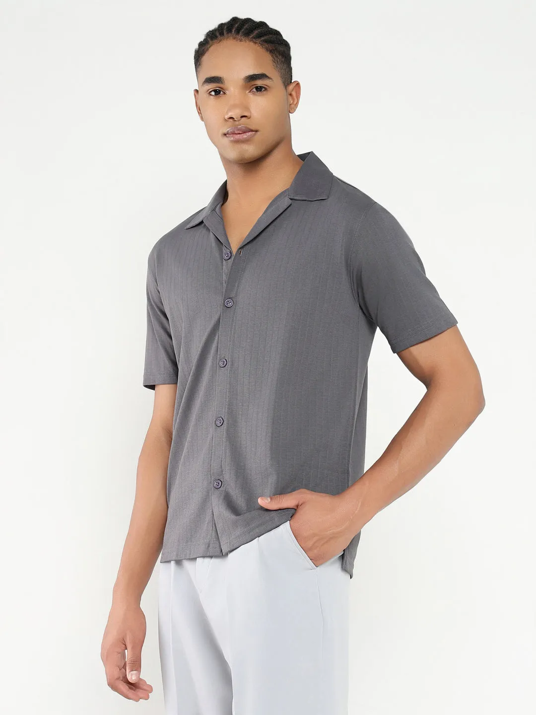 Men's Grey Cuban Collar Solid Relaxed Fit Shirt Loose Thread