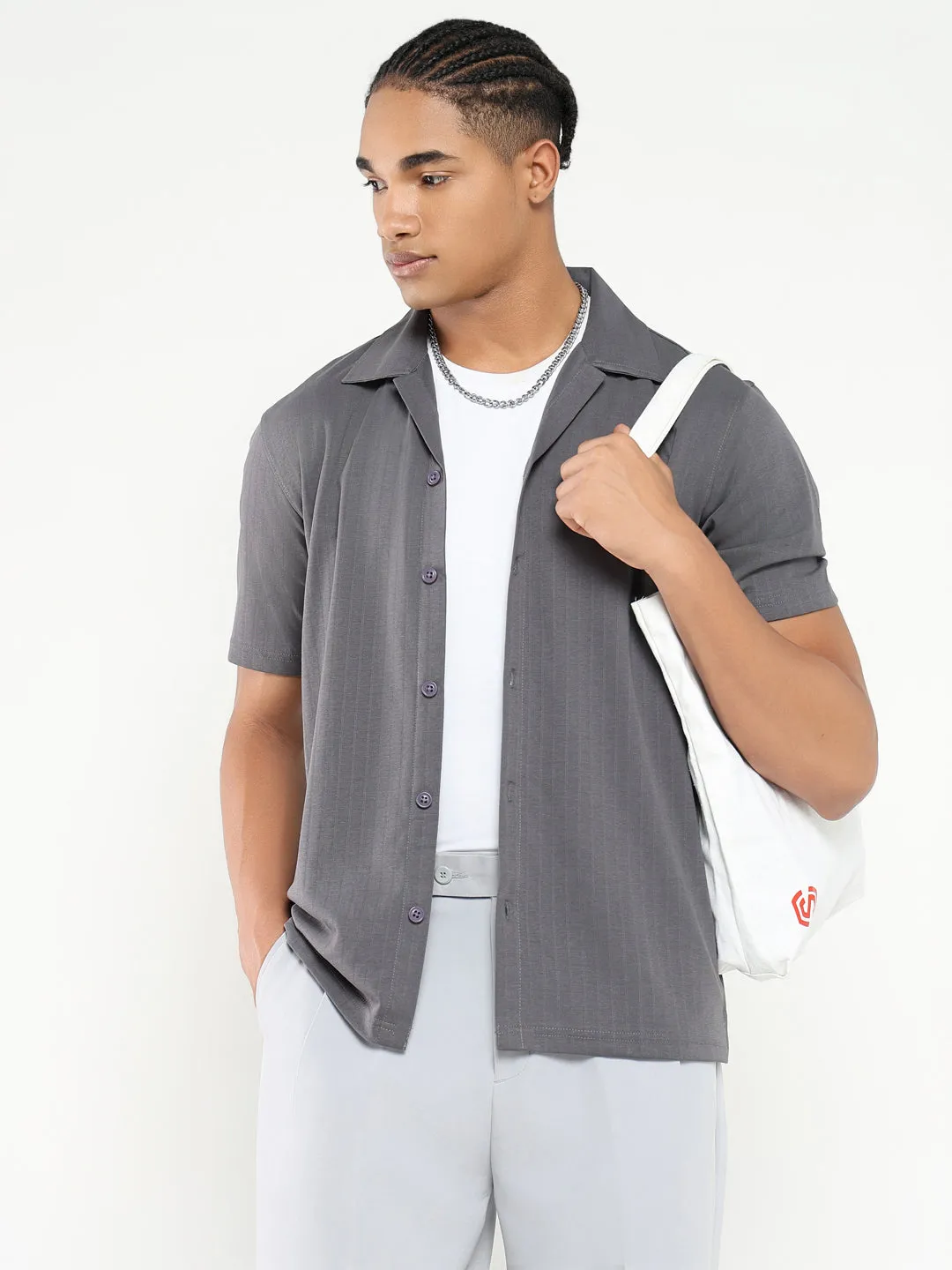 Men's Grey Cuban Collar Solid Relaxed Fit Shirt Lightweight sweater