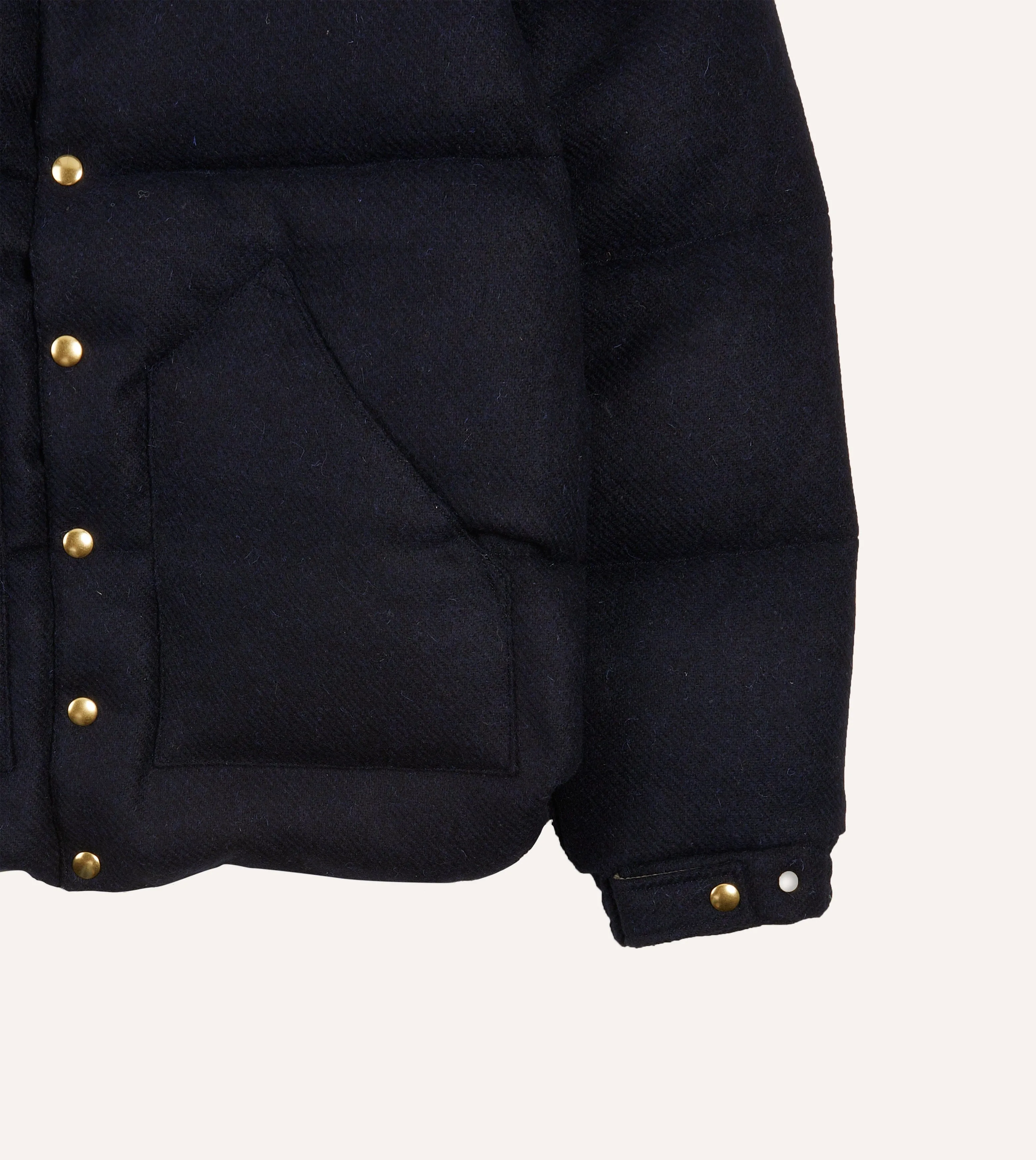 Rocky Mountain Featherbed for Drake's Navy Harris Tweed Leather Christy Down Jacket Lightweight Insulation Technology