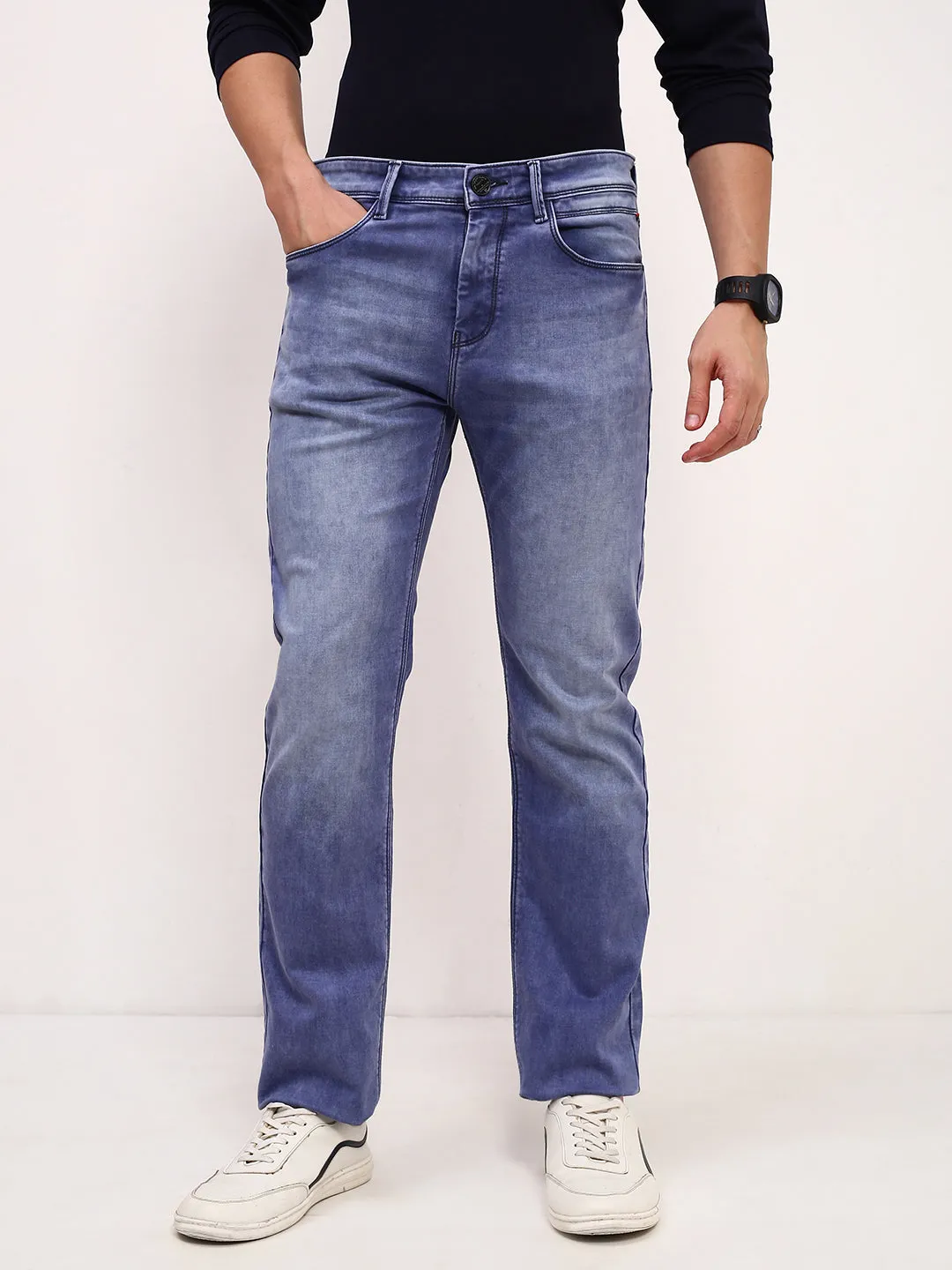 Men's Blue Solid Straight Fit Low-Rise Stretchable Jeans Soft Finish Responsible Denim Production