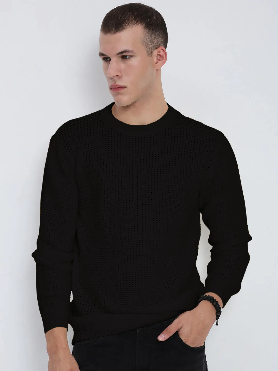 Men's Black Ribbed Round Neck Sweater Urban Comforted Calm Outfit