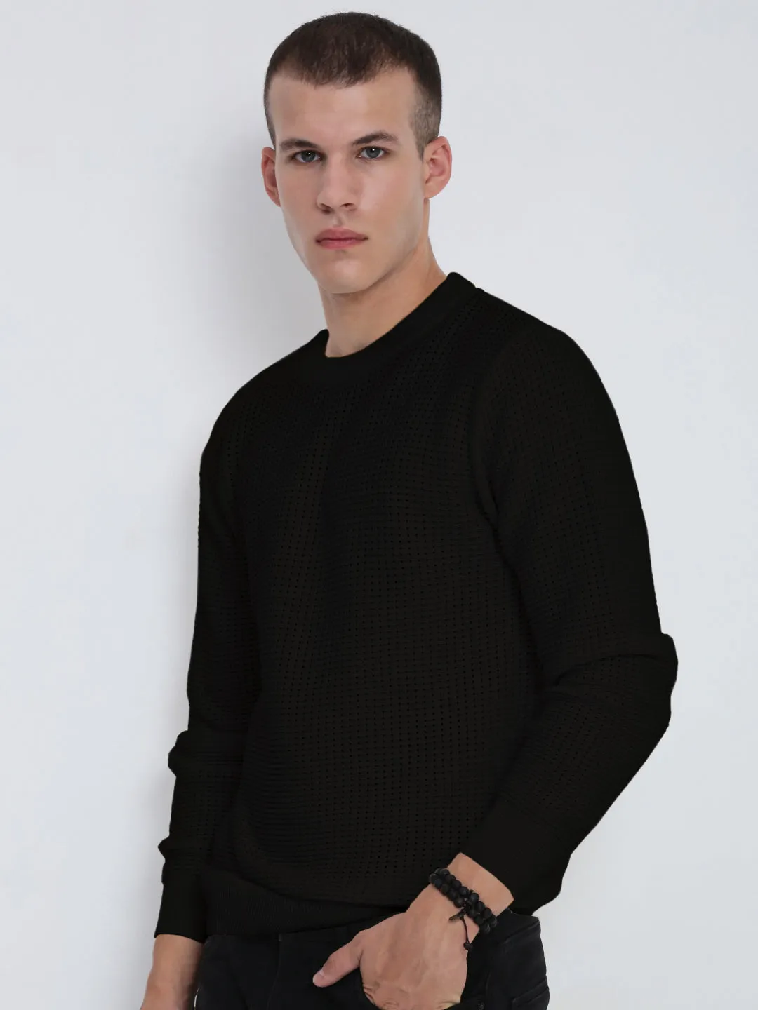 Versatile Trend Day To Day Men's Black Ribbed Round Neck Sweater