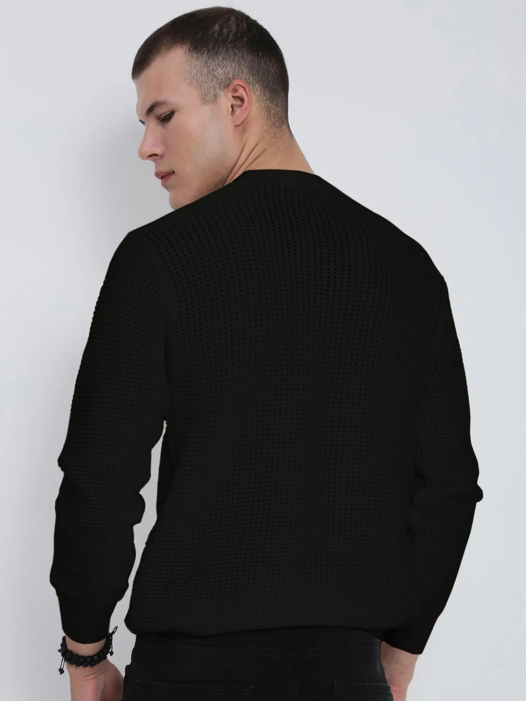 Men's Black Ribbed Round Neck Sweater Office Friendly FastDrying Textured Weave