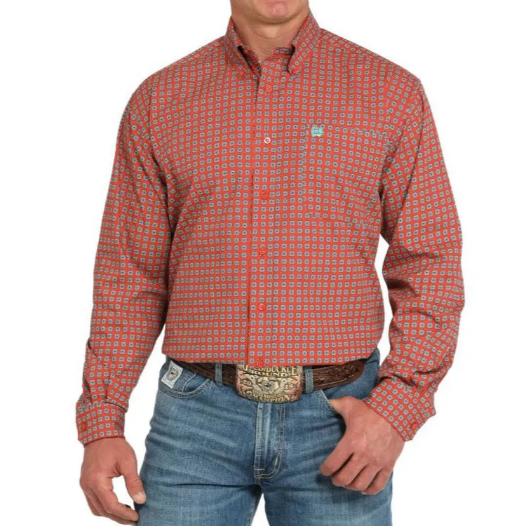 Versatile Wearable Cinch Men's L/S Classic Fit Medallion Print Western Button Down Shirt in Red