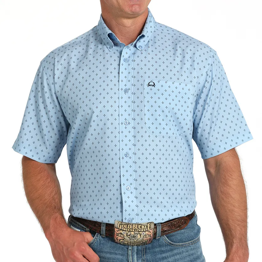 Cinch Men's S/S Arenaflex Geometric Print Western Button Down Shirt in Light Blue Soft Breathable Durable Color Retention