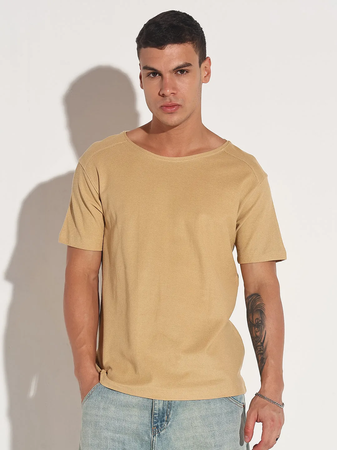 Men's Beige Round Neck Regular Fit T-Shirt QuickReleaseClosures Recycle Glow