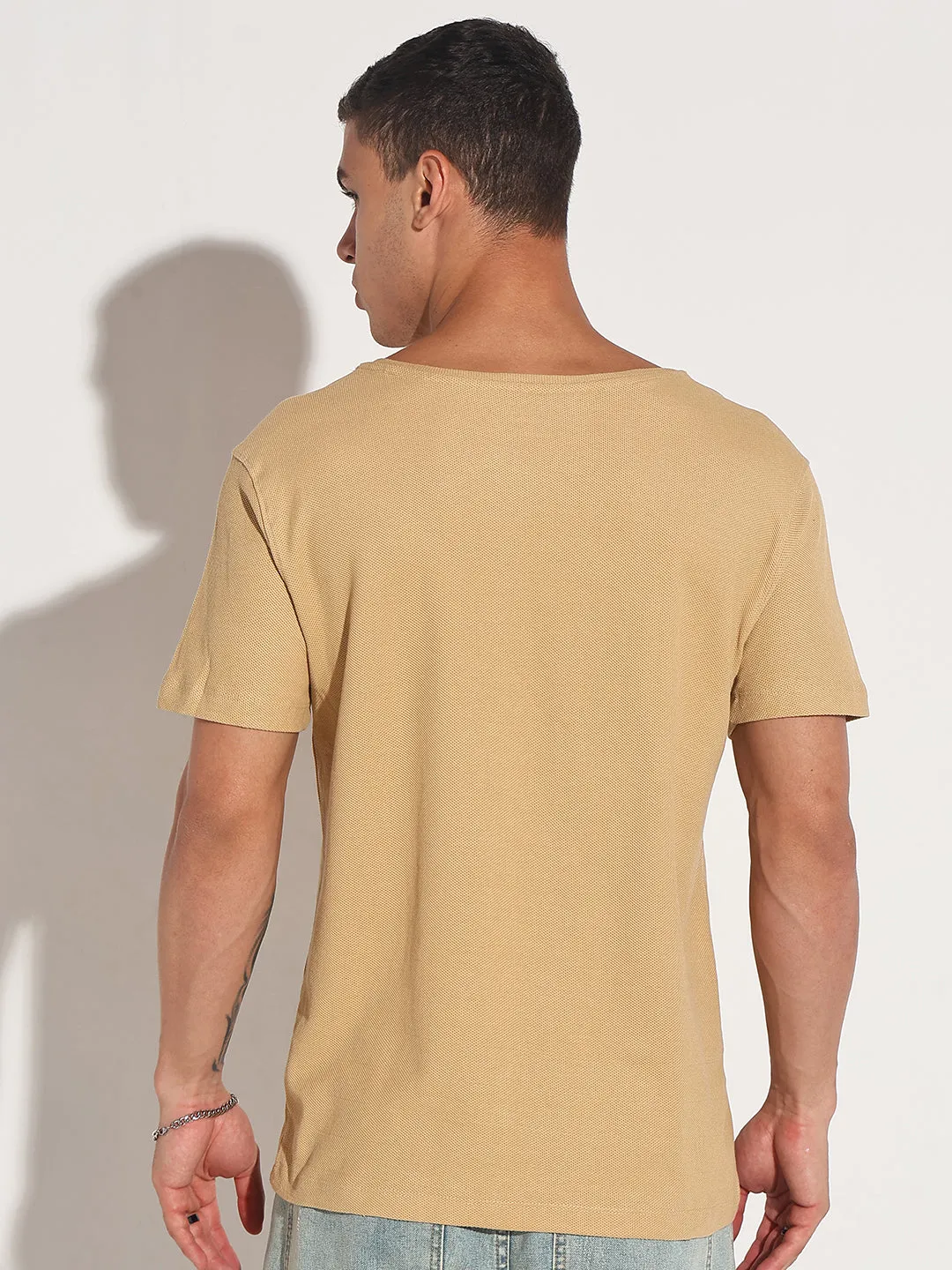 Men's Beige Round Neck Regular Fit T-Shirt Rich Tone