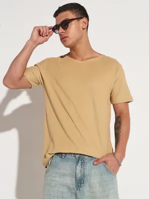 Men's Beige Round Neck Regular Fit T-Shirt QuickDryingTech