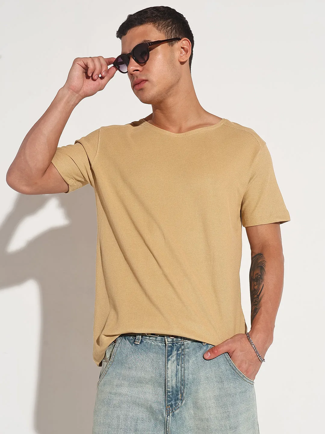Men's Beige Round Neck Regular Fit T-Shirt QuickDryingTech