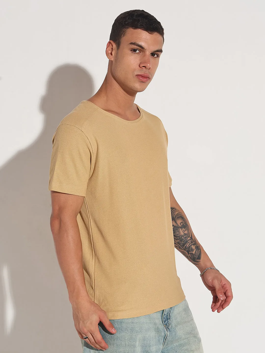 Trendy Cut Men's Beige Round Neck Regular Fit T-Shirt