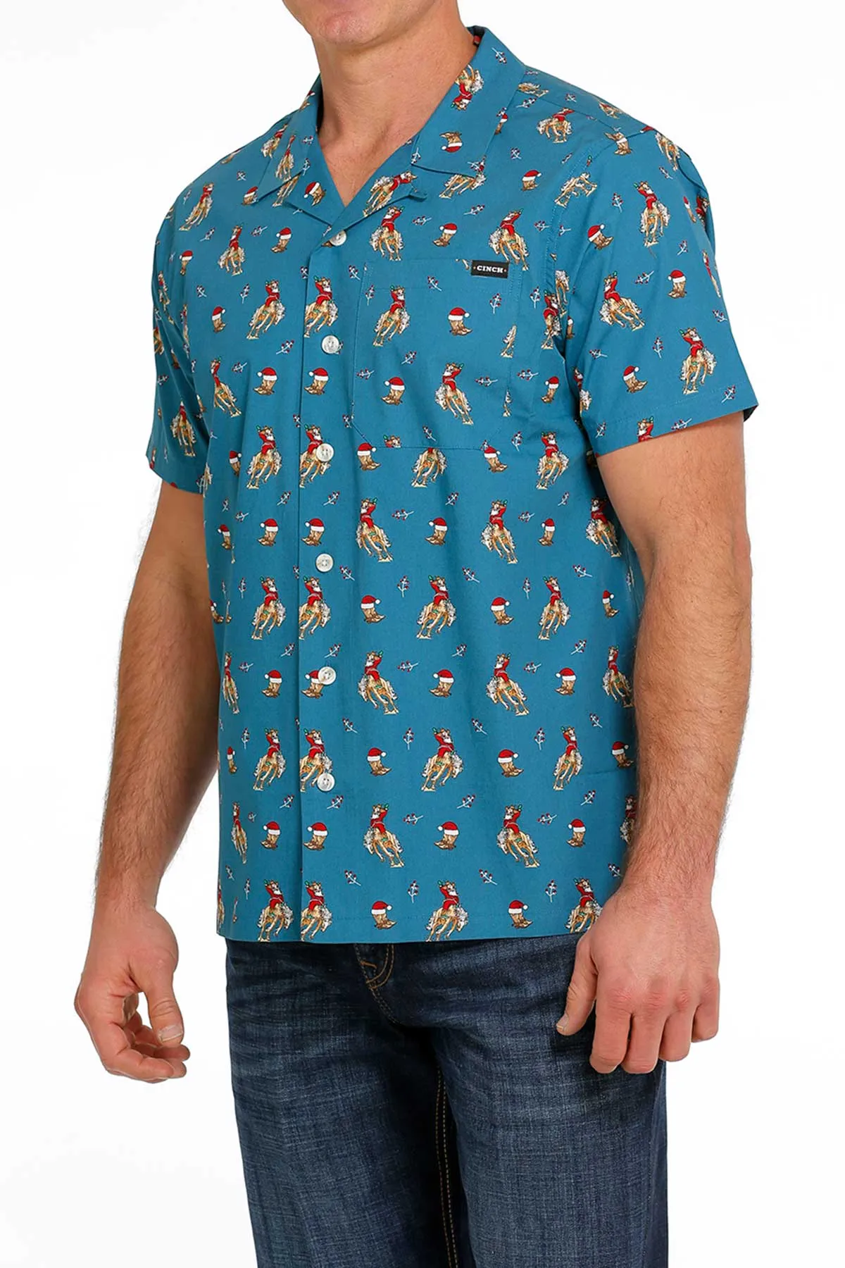 Cinch Men's Santa Bronc Short Sleeve Christmas Camp Shirt Taped Neckline