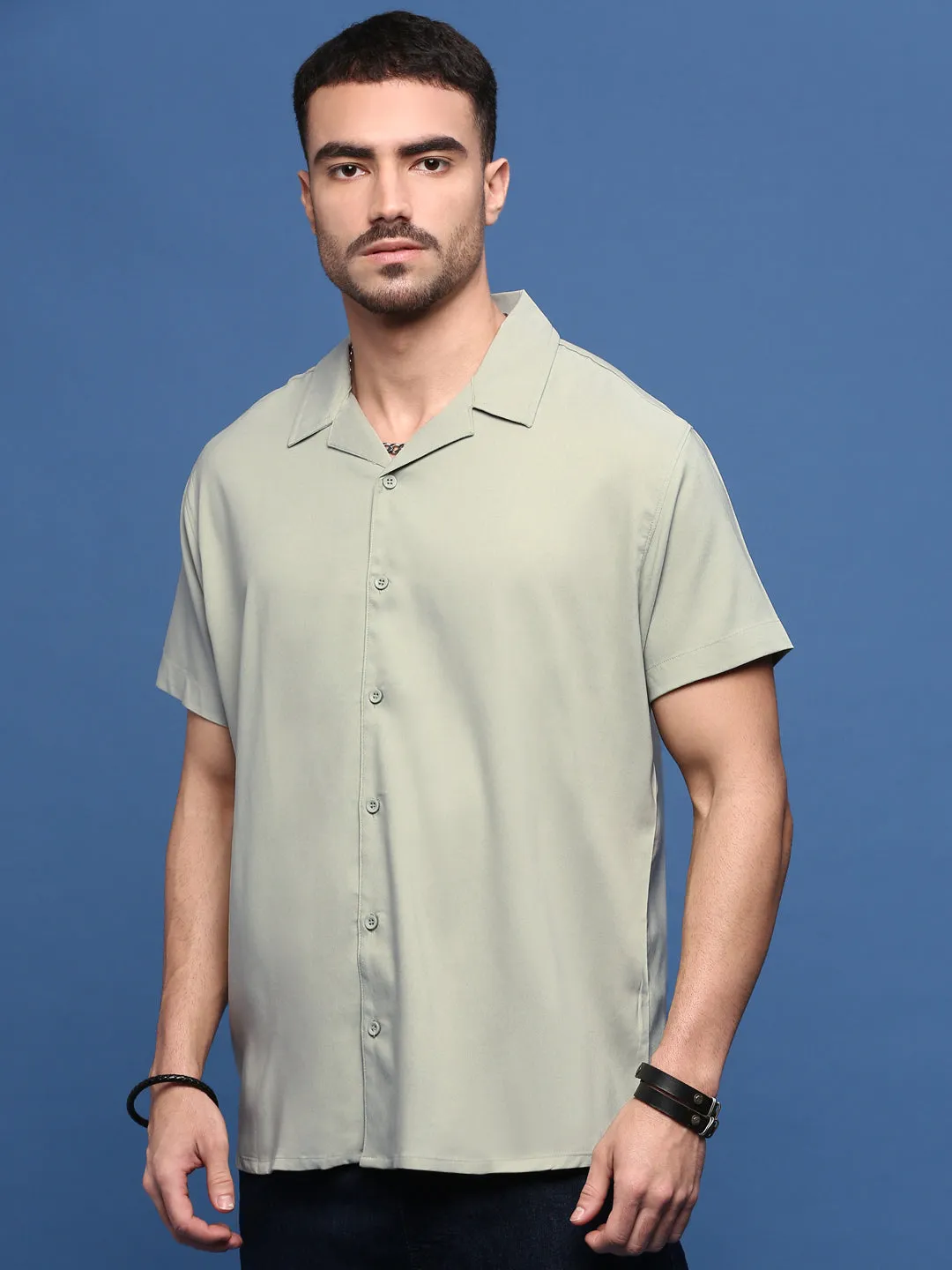 Breezy Fit Meta Mood Men's Green Solid Cuban Collar Classic Shirt