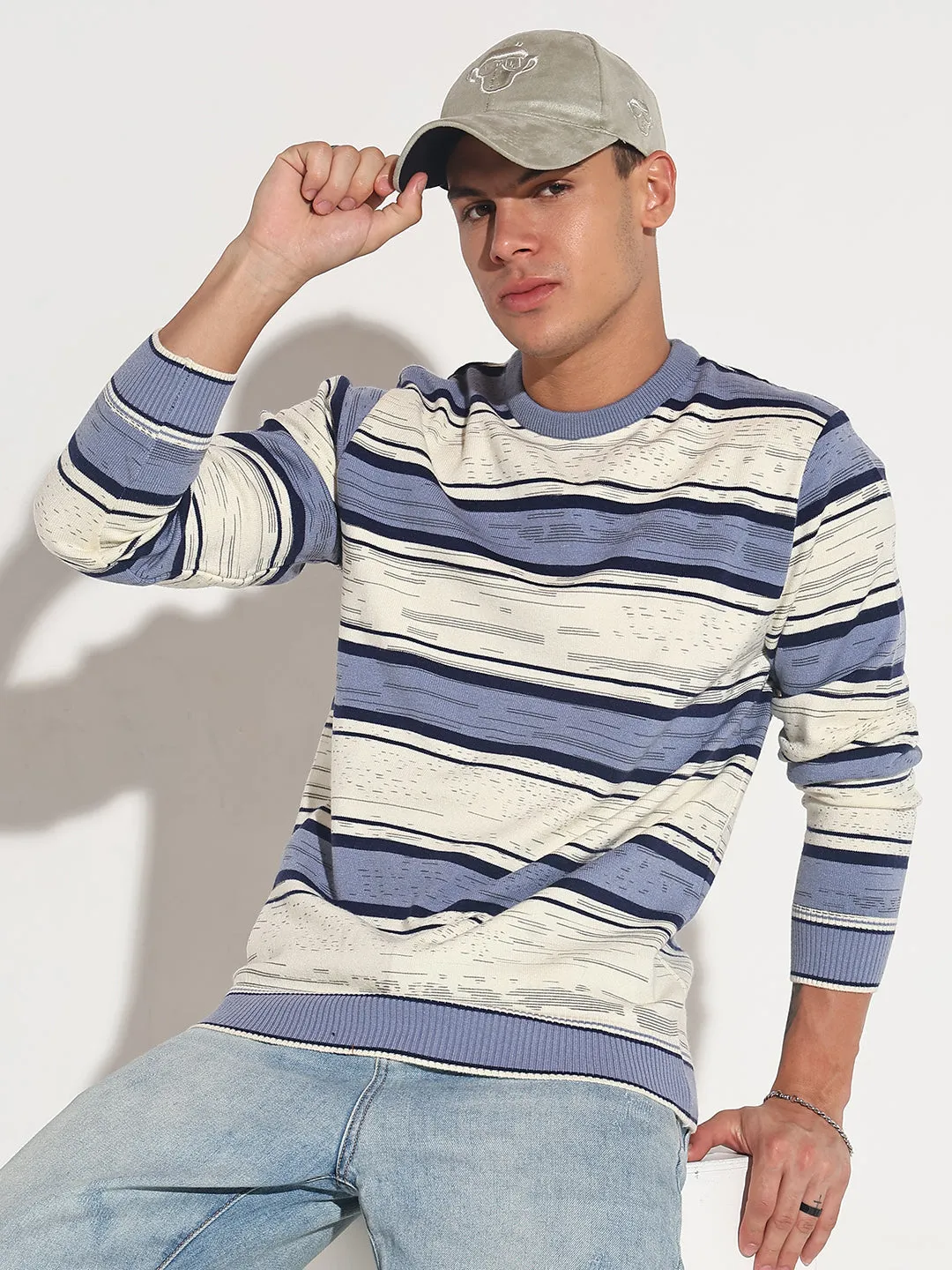 Homewear Style Men's Striped Blue Ribbed Round Neck Sweater