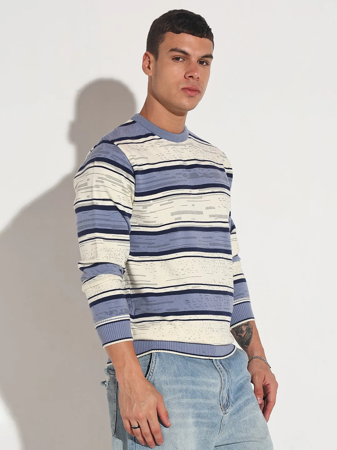 Lightweight Thermal Insulation Men's Striped Blue Ribbed Round Neck Sweater
