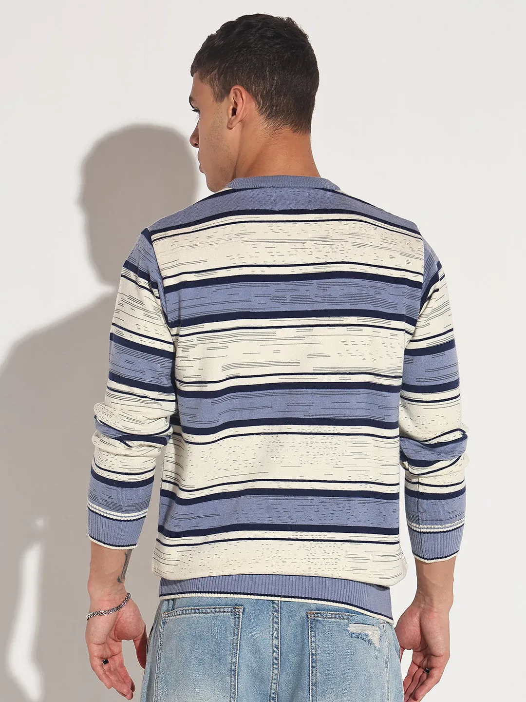 Men's Striped Blue Ribbed Round Neck Sweater Plush Inner Lining Tagless Label System