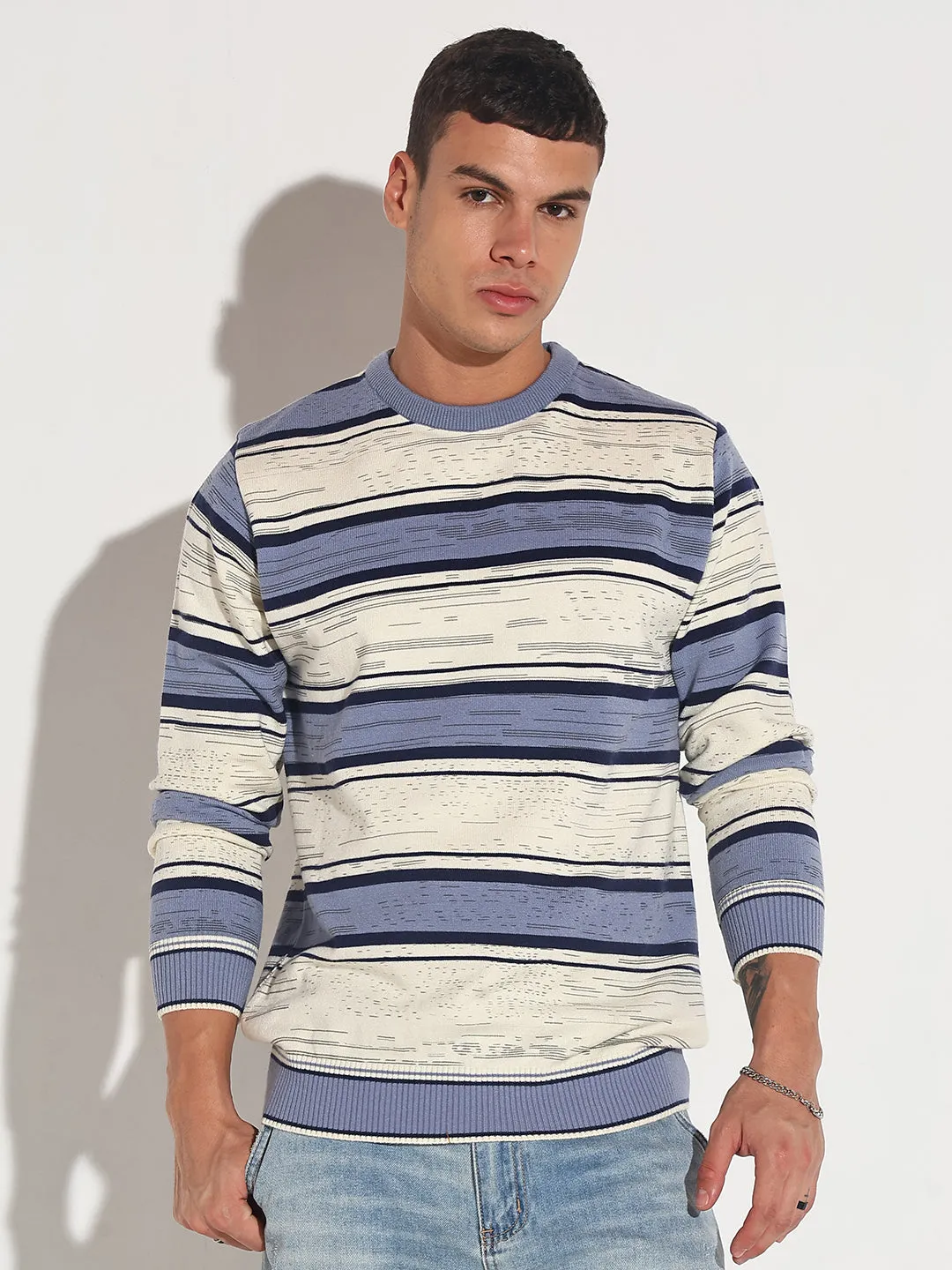 Turtle Neck Variant Men's Striped Blue Ribbed Round Neck Sweater