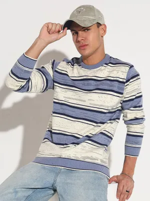 Homewear Style Men's Striped Blue Ribbed Round Neck Sweater
