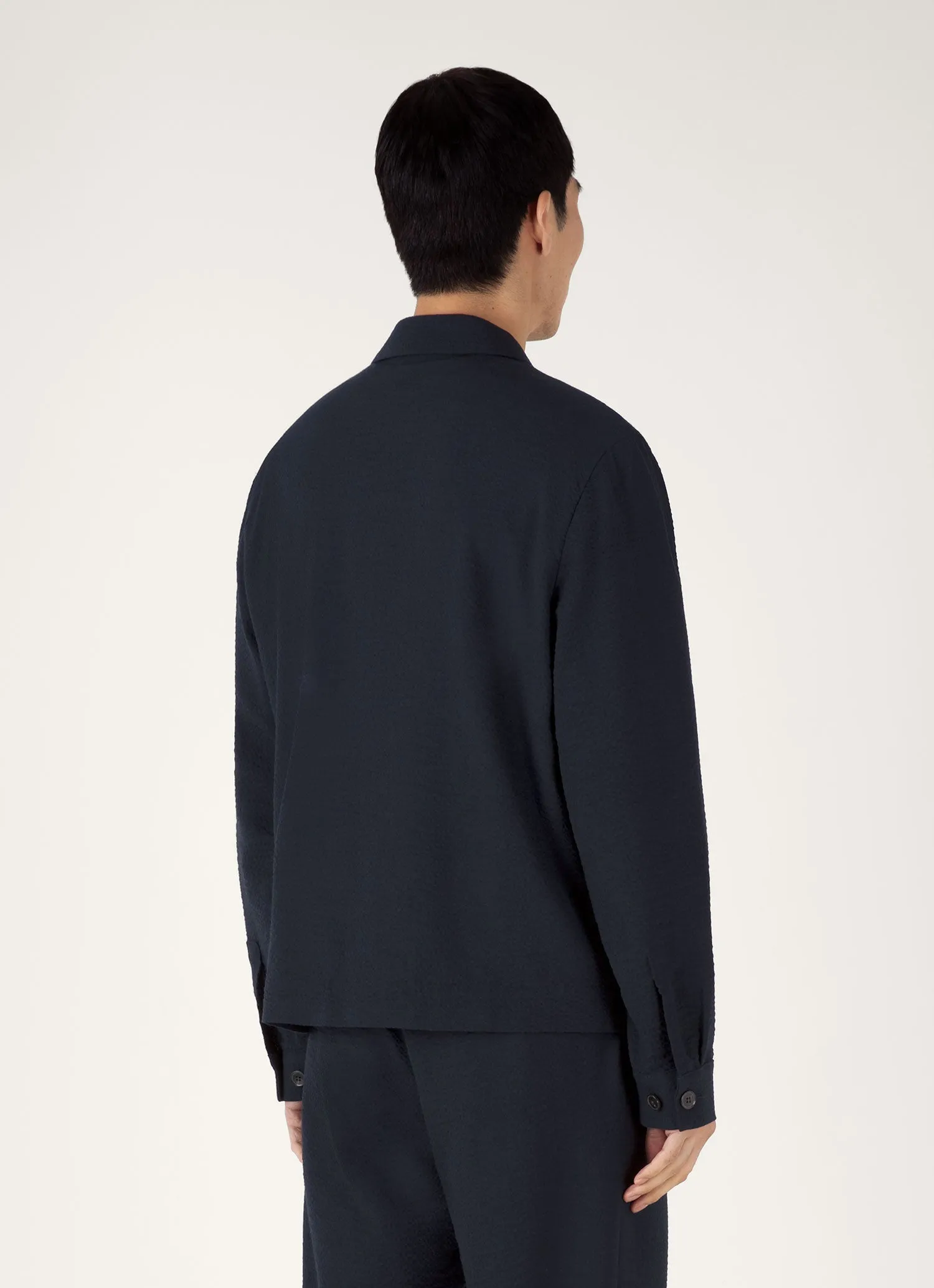 Men's Seersucker Jacket in Navy Flexible Side Gussets Stretchable Material