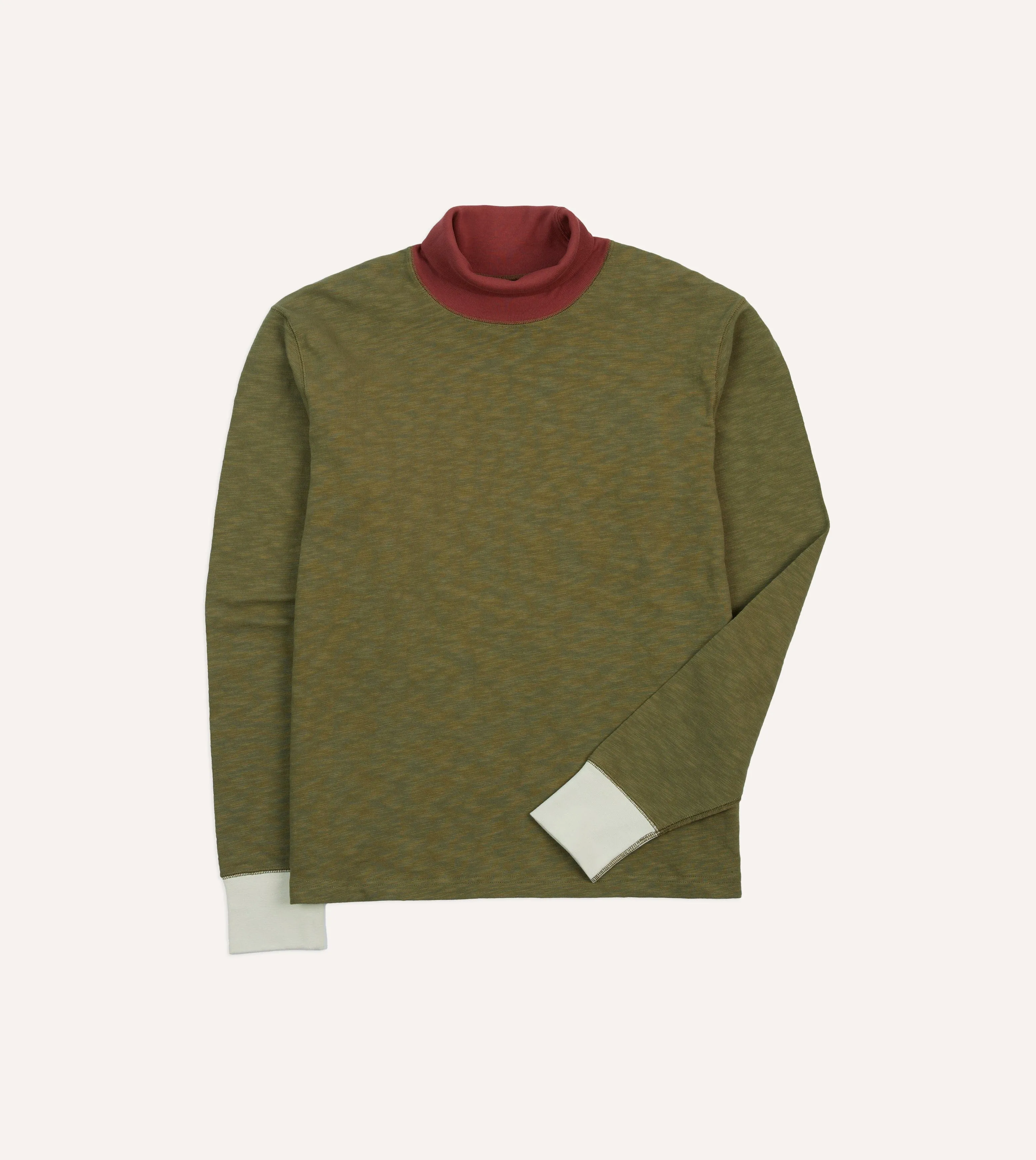 Sophisticated Casual Khaki Cotton Long-Sleeve Roll Neck Hiking T-Shirt
