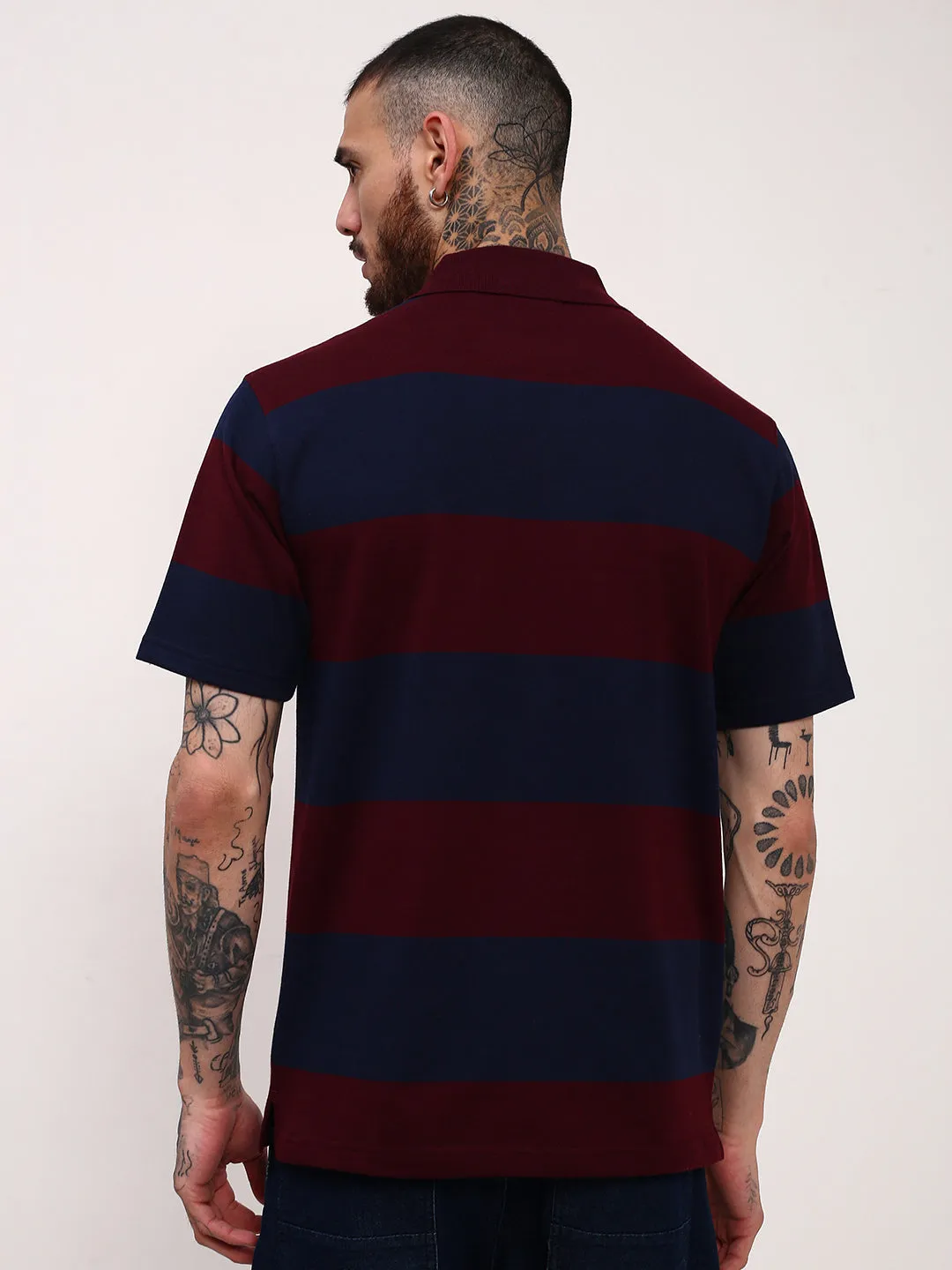 product marketing Comfort Hoodie Men's Navy Blue Striped Polo Collar Slim Fit Cotton T-Shirt