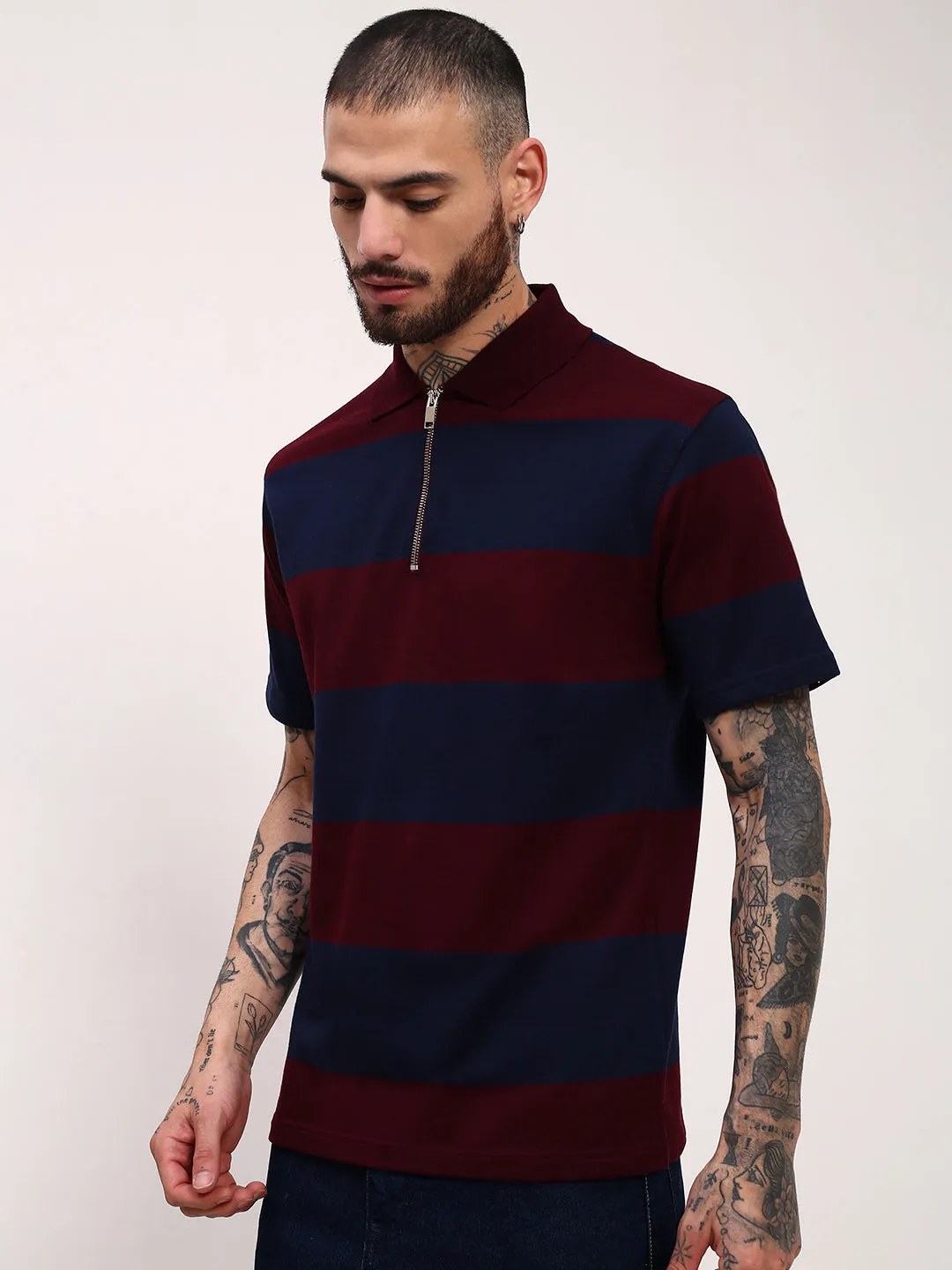 Men's Navy Blue Striped Polo Collar Slim Fit Cotton T-Shirt Easy Layer