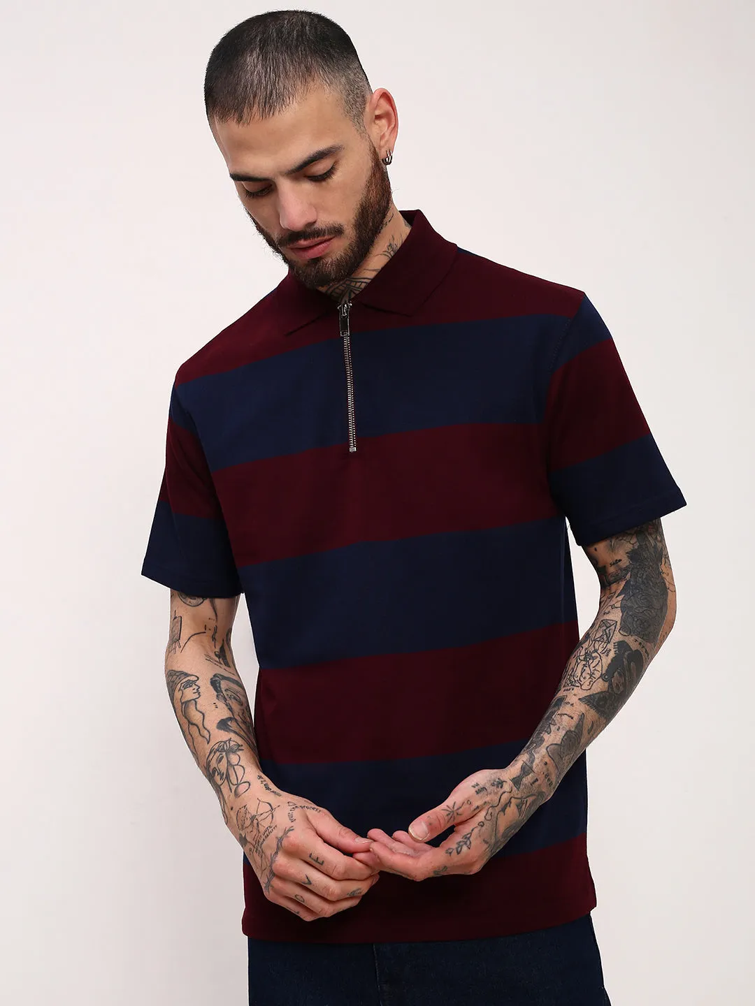 Men's Navy Blue Striped Polo Collar Slim Fit Cotton T-Shirt Graphic Art