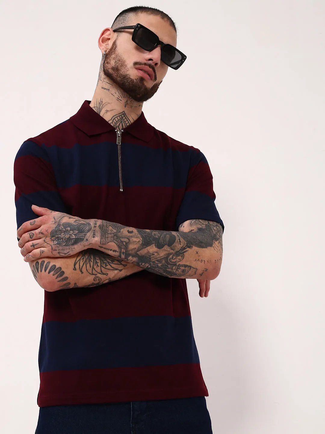 Men's Navy Blue Striped Polo Collar Slim Fit Cotton T-Shirt Lightweight Layer