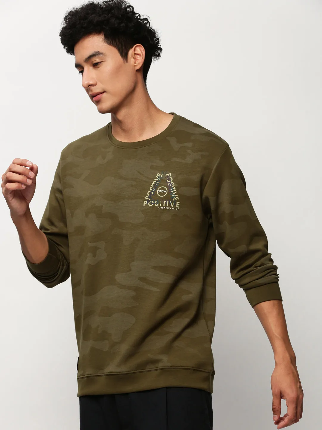 Athletic Wear Odor-resistant Men's Olive Camouflage Printed Cotton Terry Pullover Sweatshirt