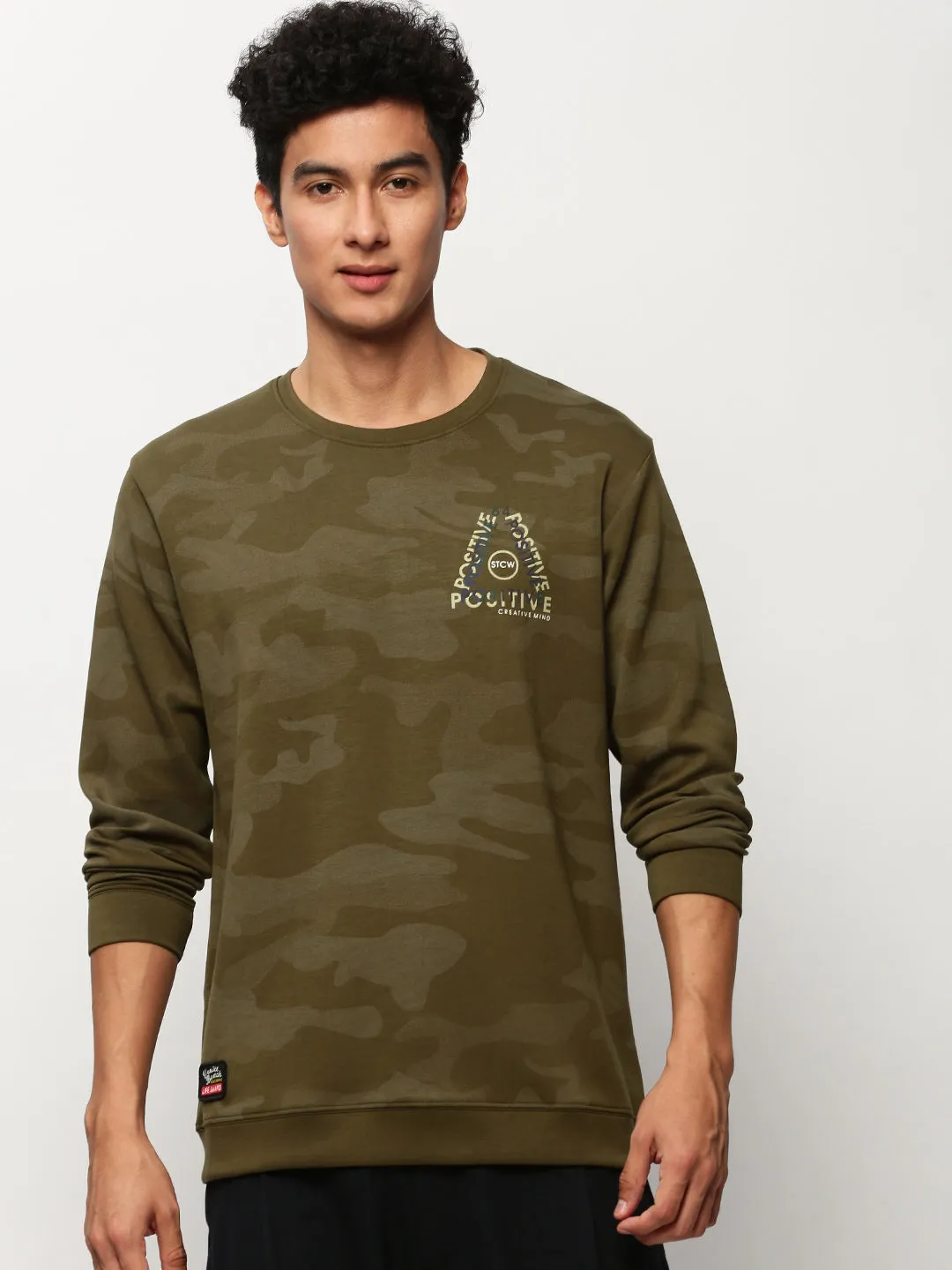 Men's Olive Camouflage Printed Cotton Terry Pullover Sweatshirt Basic Wear