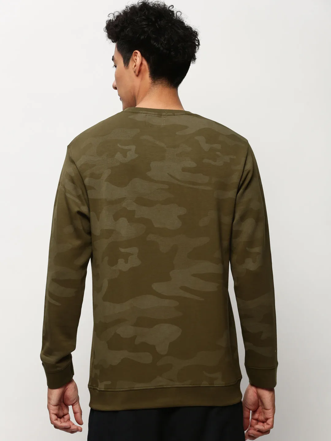 Athletic Warm Hues Men's Olive Camouflage Printed Cotton Terry Pullover Sweatshirt