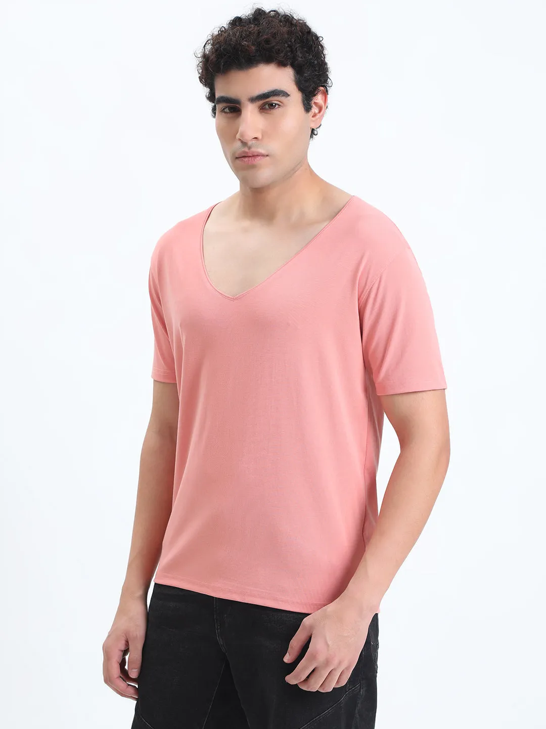 Basic Wear Men's Pink V-Neck Regular Fit T-Shirt