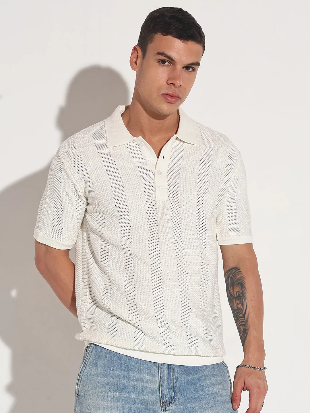 Formal Tone Leader Core Men??s Textured Striped White Knitted Short Sleeve Polo T-Shirt