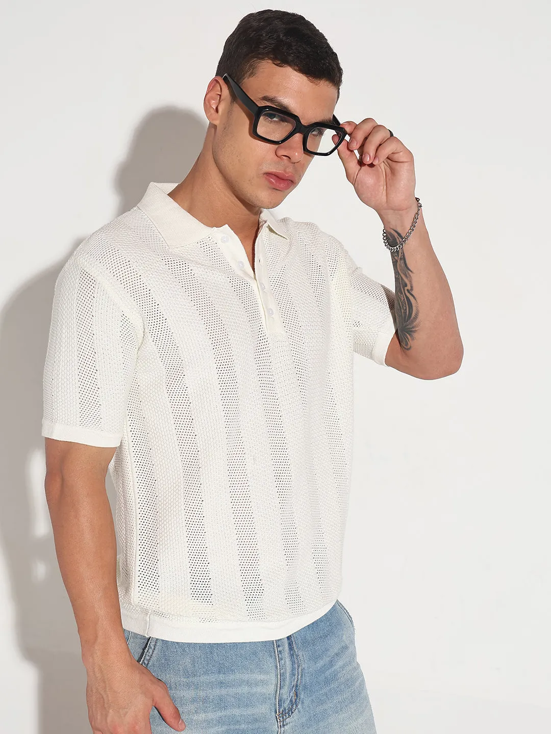 Men??s Textured Striped White Knitted Short Sleeve Polo T-Shirt Cool Vest GentleWaistband