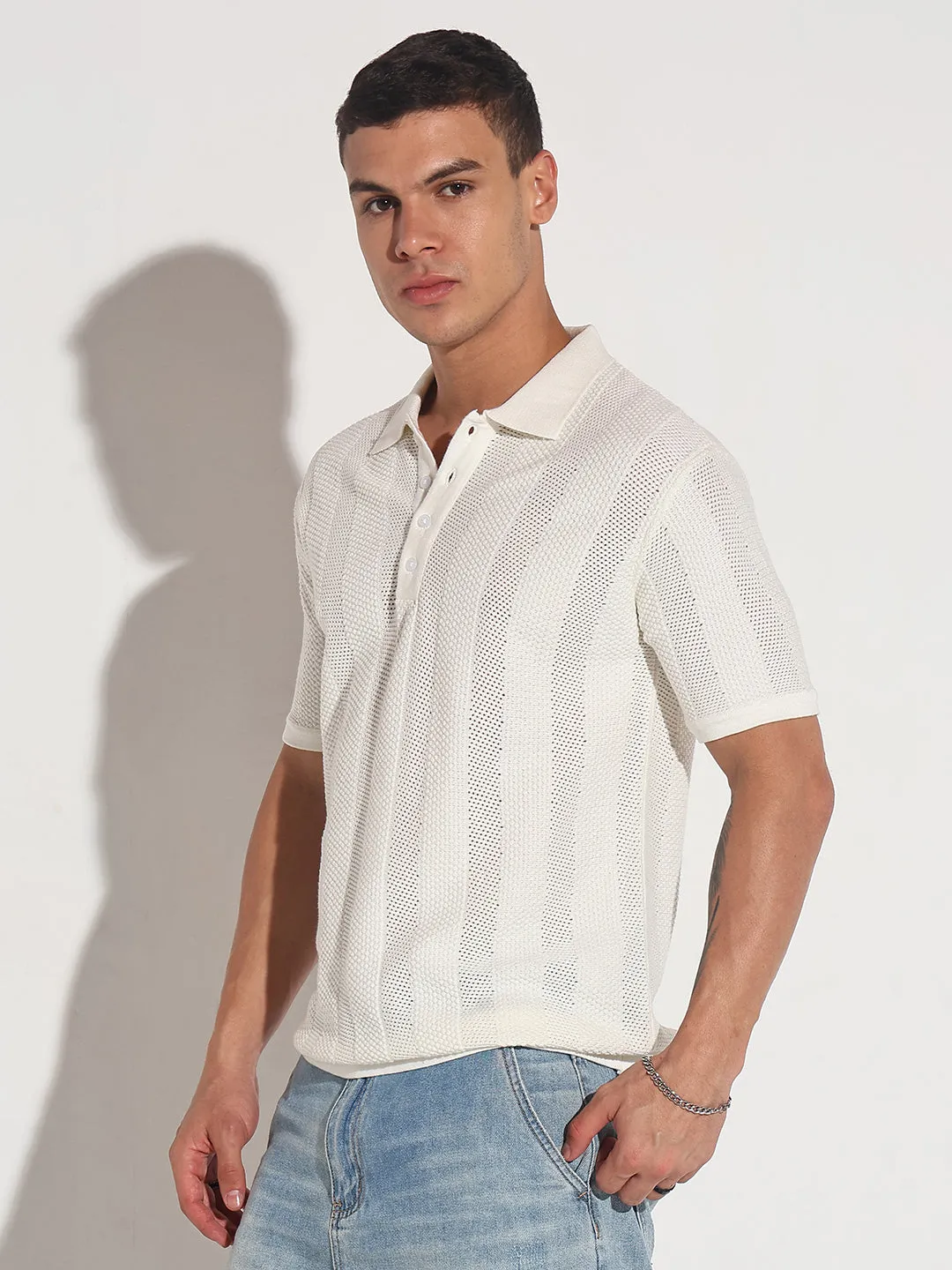 Men??s Textured Striped White Knitted Short Sleeve Polo T-Shirt SoftTouch Texture Elegant Glow