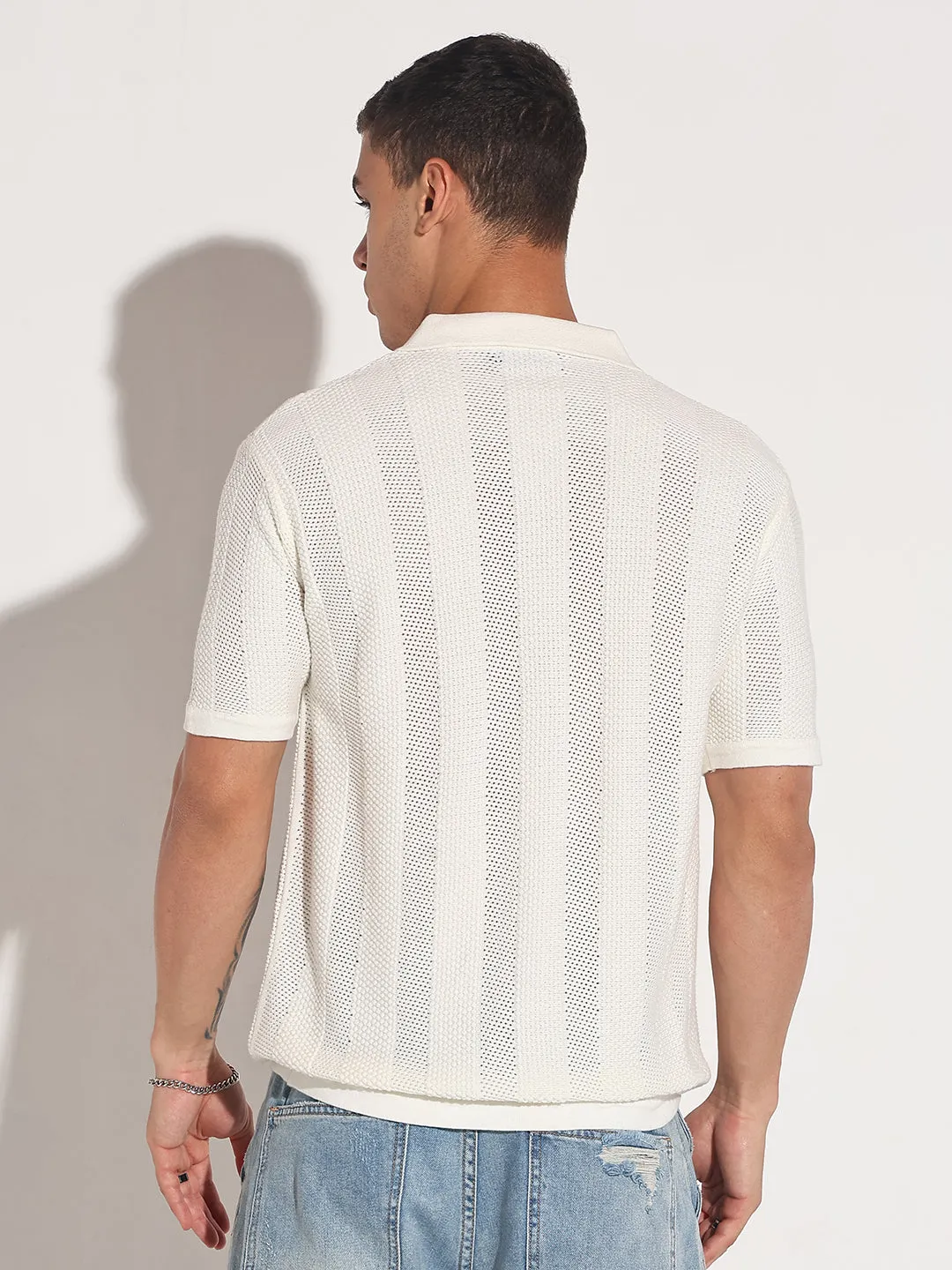 Cozy Design Men??s Textured Striped White Knitted Short Sleeve Polo T-Shirt